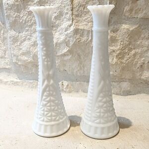 Vintage Anchor Hocking Flower Bud Vases Milk Glass Stars‎ + Bars Pair 9 Inches